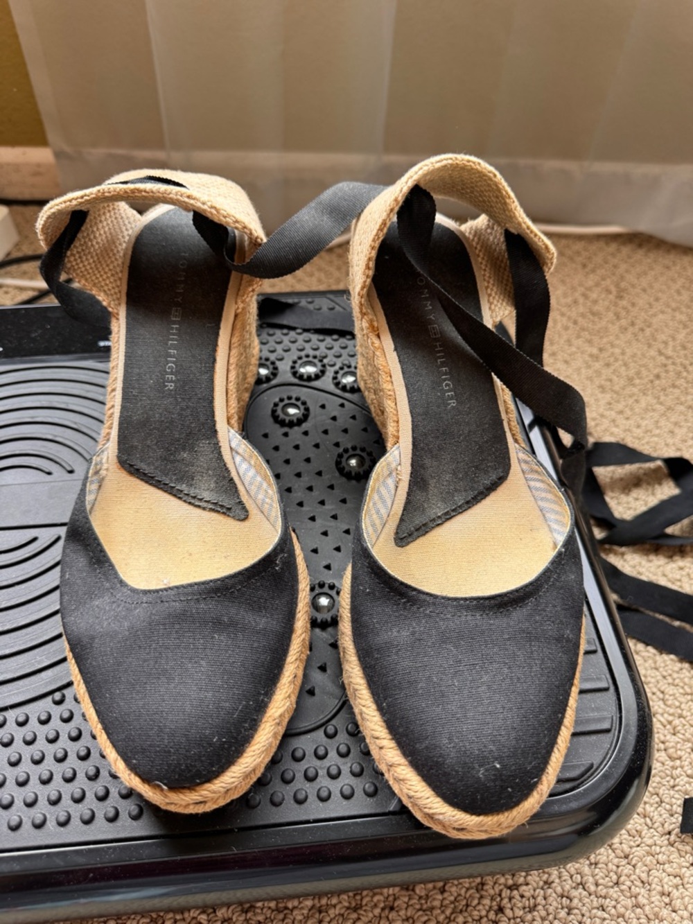 Tommy Hilfiger women's Black Espadrille Wedge Sandals with Ankle Wrap